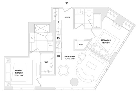 Floor plan for 2 beds, 2 baths, 964 sqft
